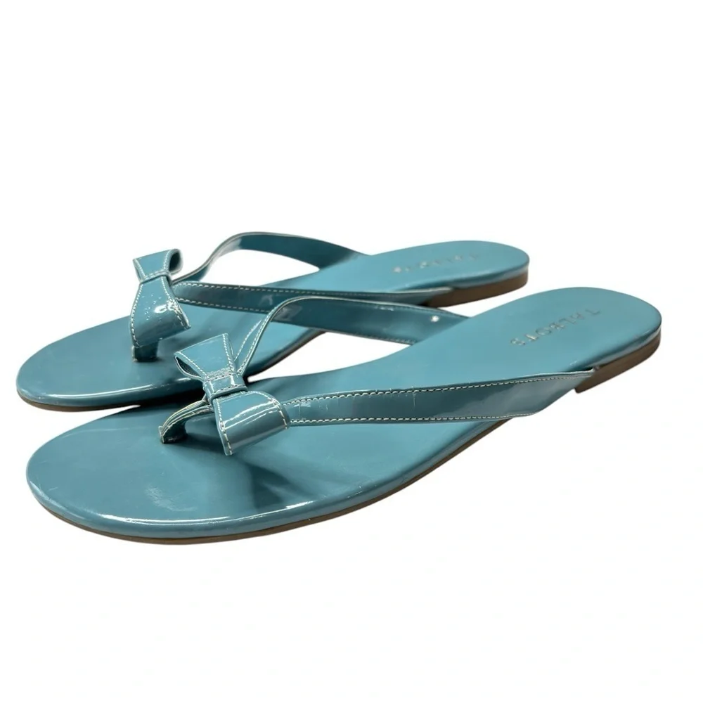 Talbots Womens Blue Sandals Patent Leather Flats Flip Flops with Bow Size US 9